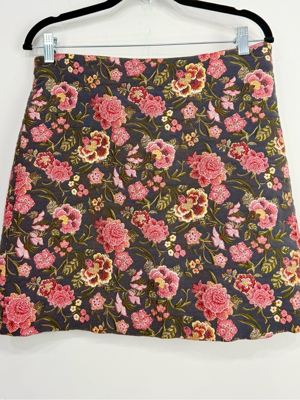 Loft Blue Gray Velour Pink Floral Jacquard Tapestry A Line Lined Mini Skirt